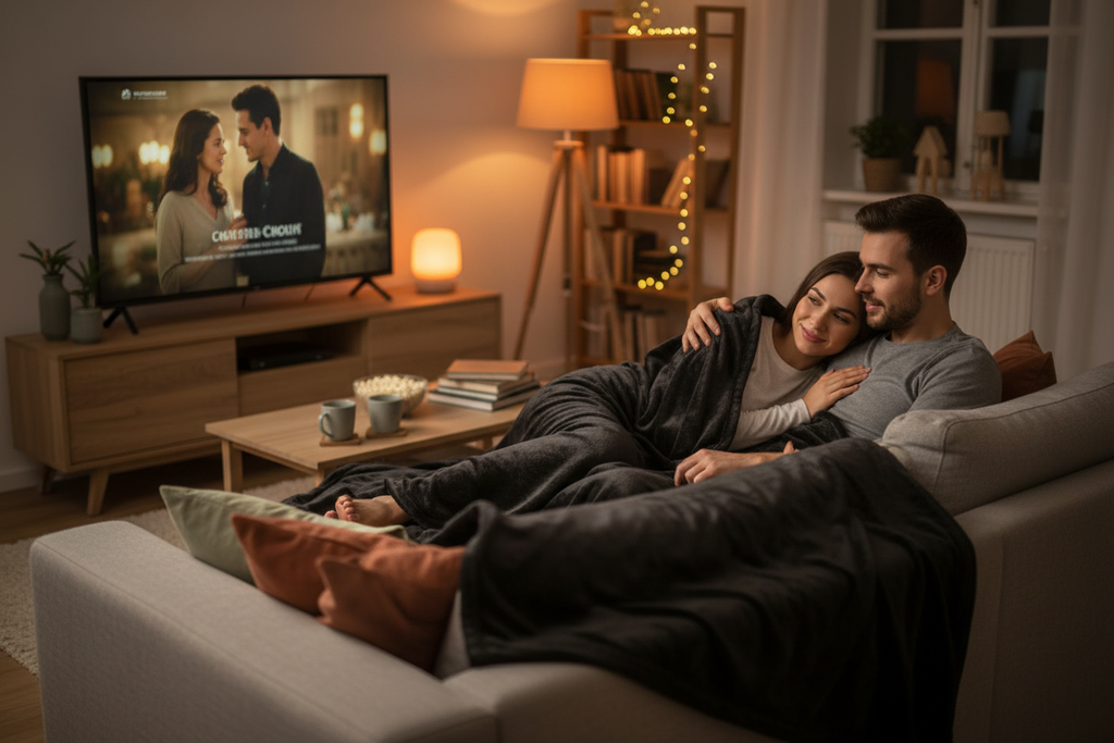 Couple under heated blanket