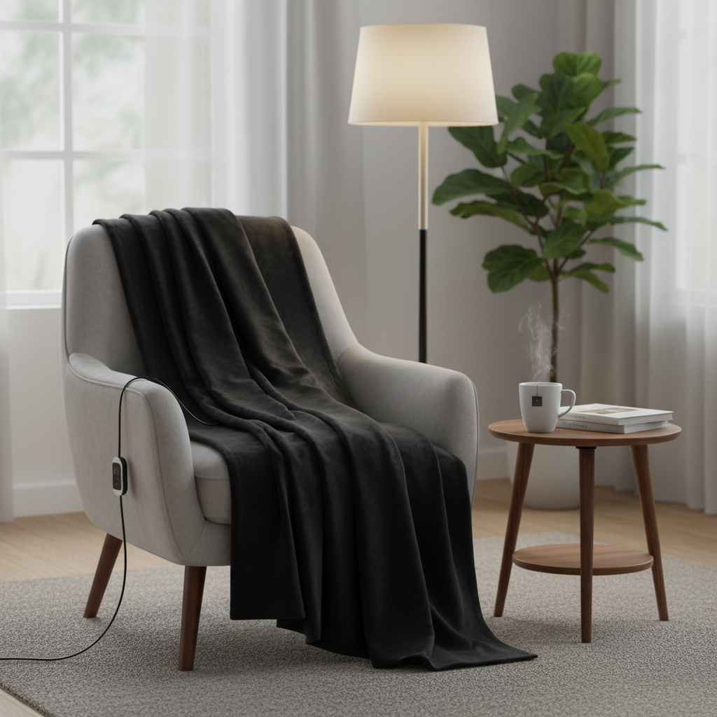 Heated blanket on armchair