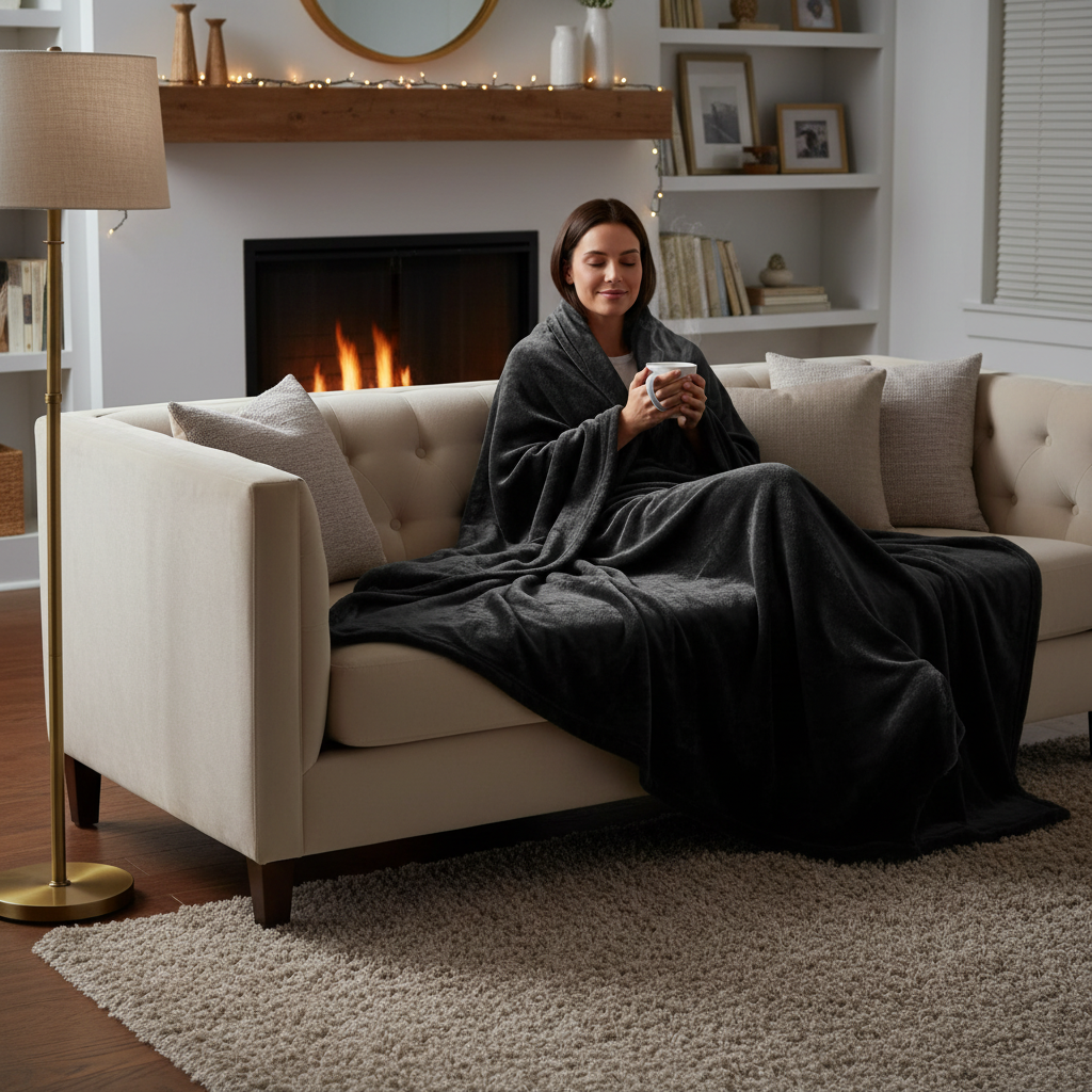 Person relaxing with heated blanket