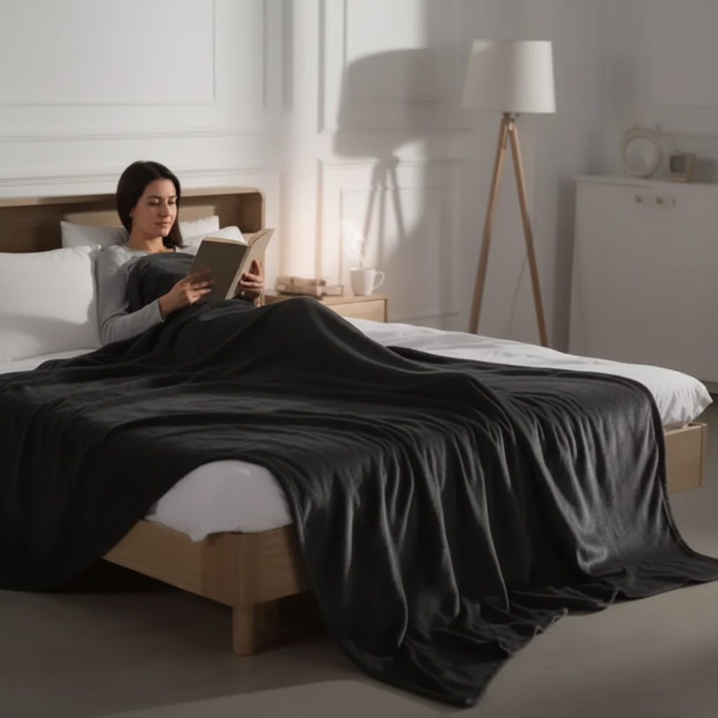 Reading in bed with heated blanket